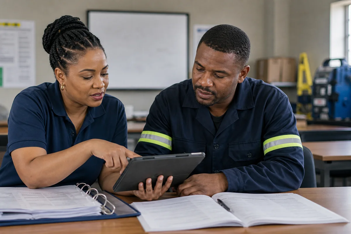 Facilitator and supervisor reviewing workplace evidence for How do digital logbooks support workplace-based learning accreditation?
