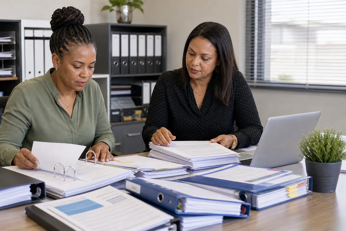 Provider evidence checklist and accreditation files on a desk